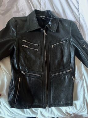 DKNY Black Leather Bomber Jacket with Silver Zippers